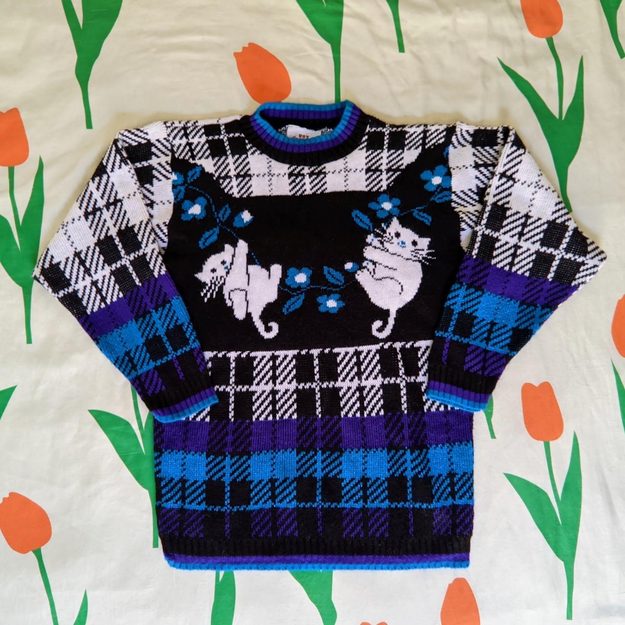 🐱💙🐱 80s kidcore cat sweater with black & white plaid... - Depop