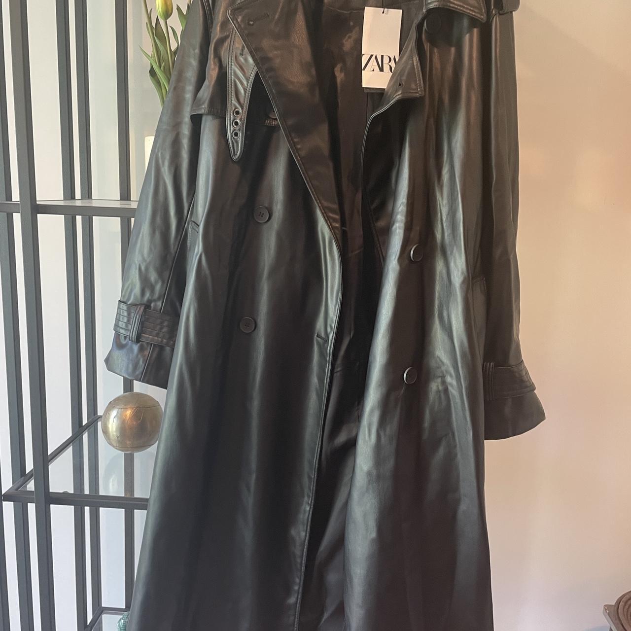 Zara Long Black Belted Rain Faux Leather Trench Coat - Depop