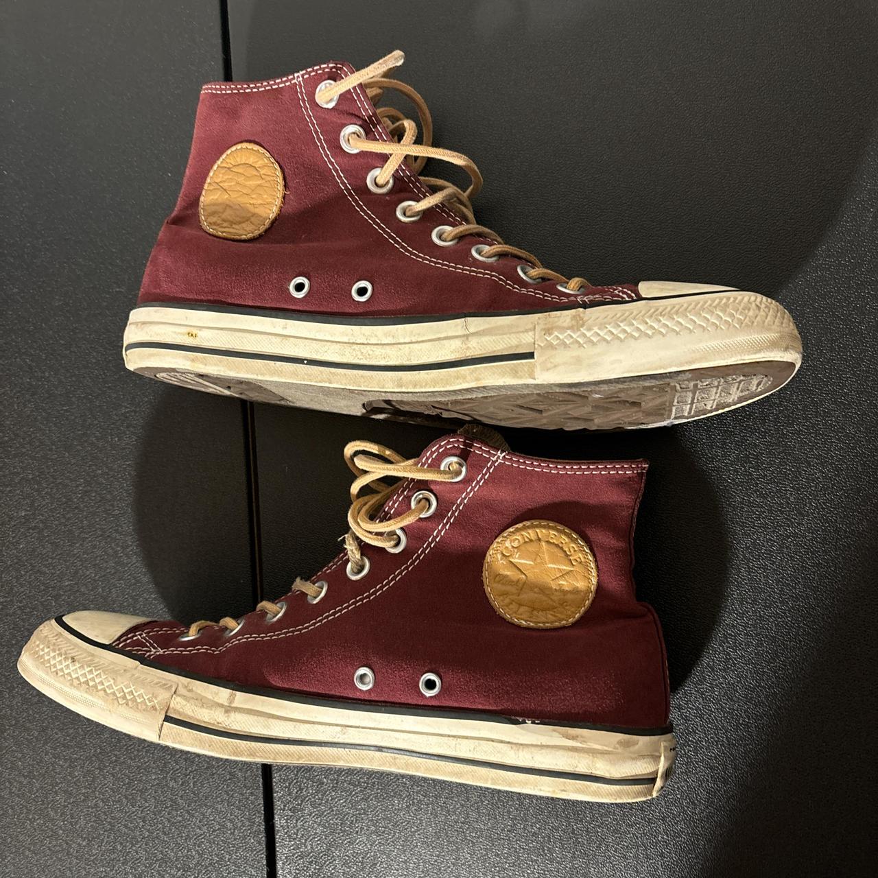 Burgundy and white Converse trainers hightop men. Depop