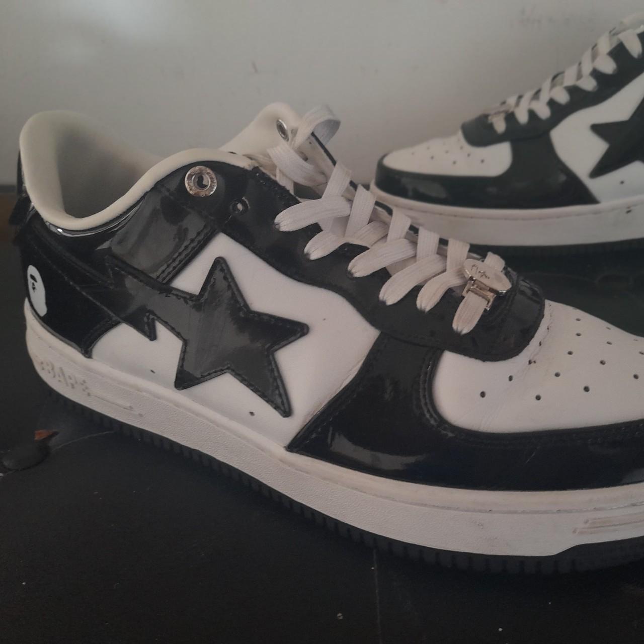 Black and white patent leather bapestas - in decent... - Depop