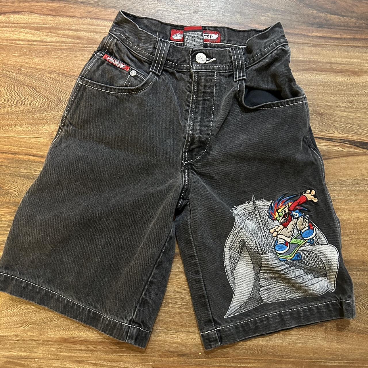 Flamehead JNCO Denim Shorts Embroidered Art Y2K Punk... - Depop