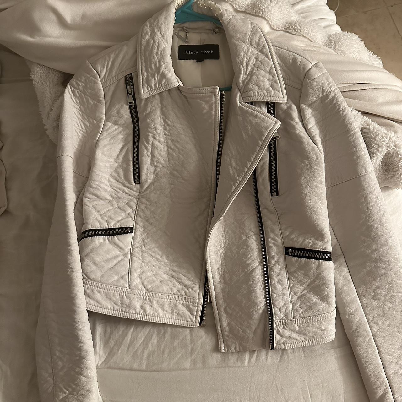 Black rivet white leather jacket discount
