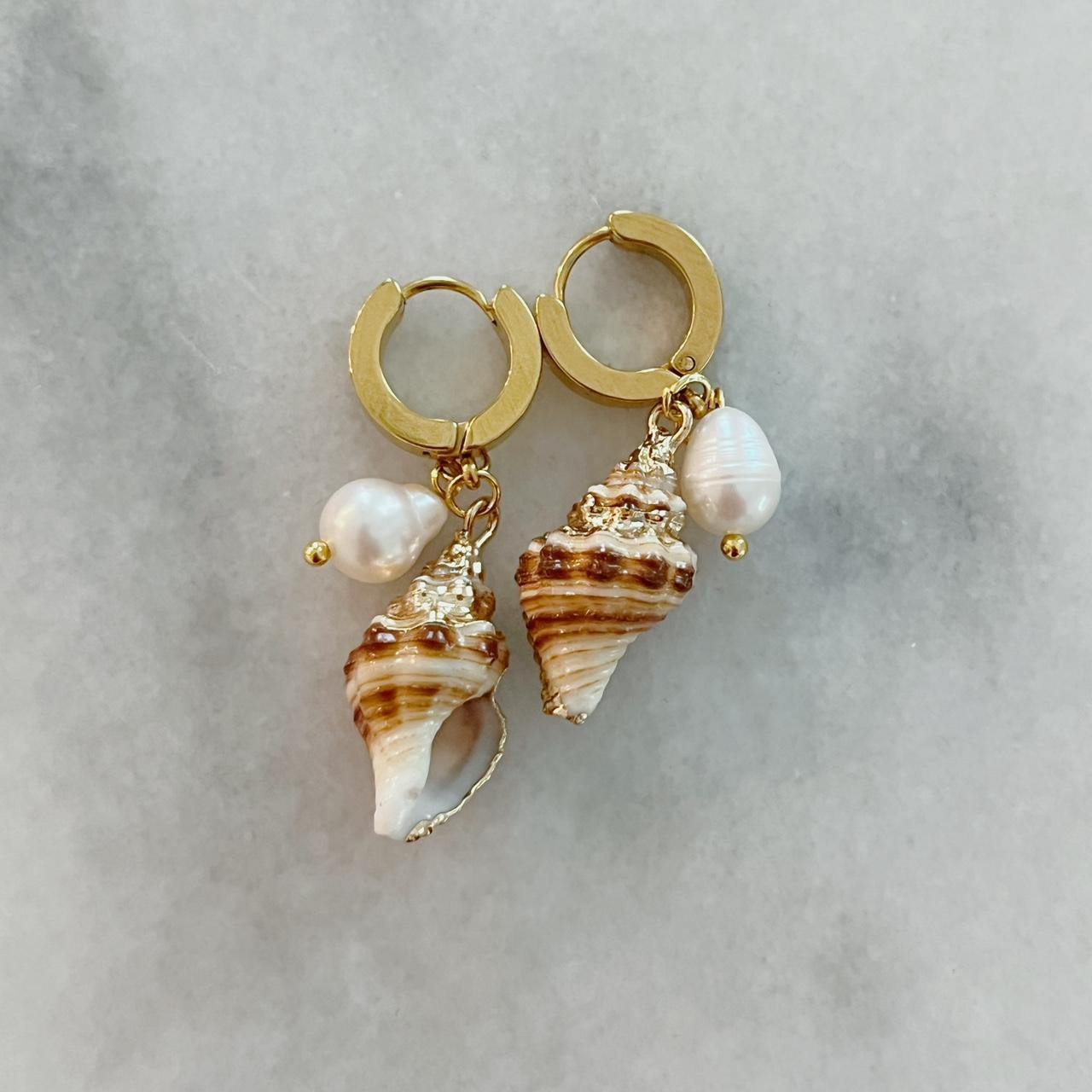 Seashell earrings with pearls 🐚stainless steel... - Depop