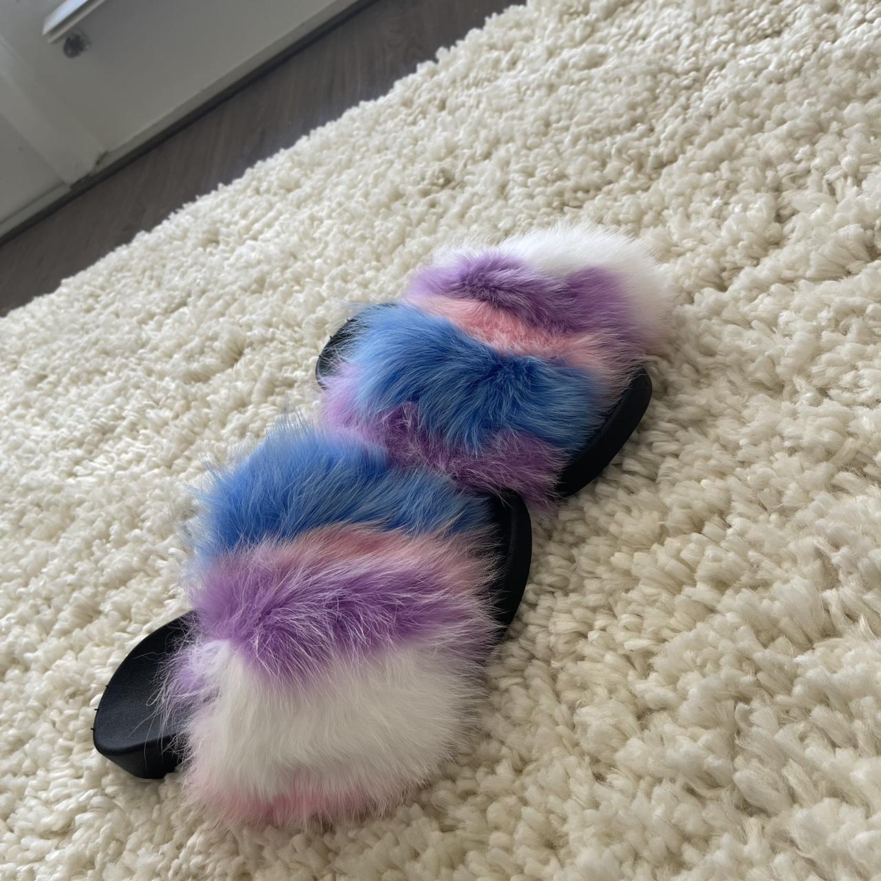 Super cute multicolored fuzzy slides Never Depop