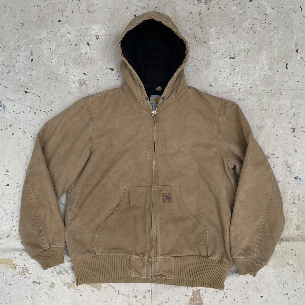 Vintage 90's Carhartt Leather Patch Hooded Duck Tan - Depop