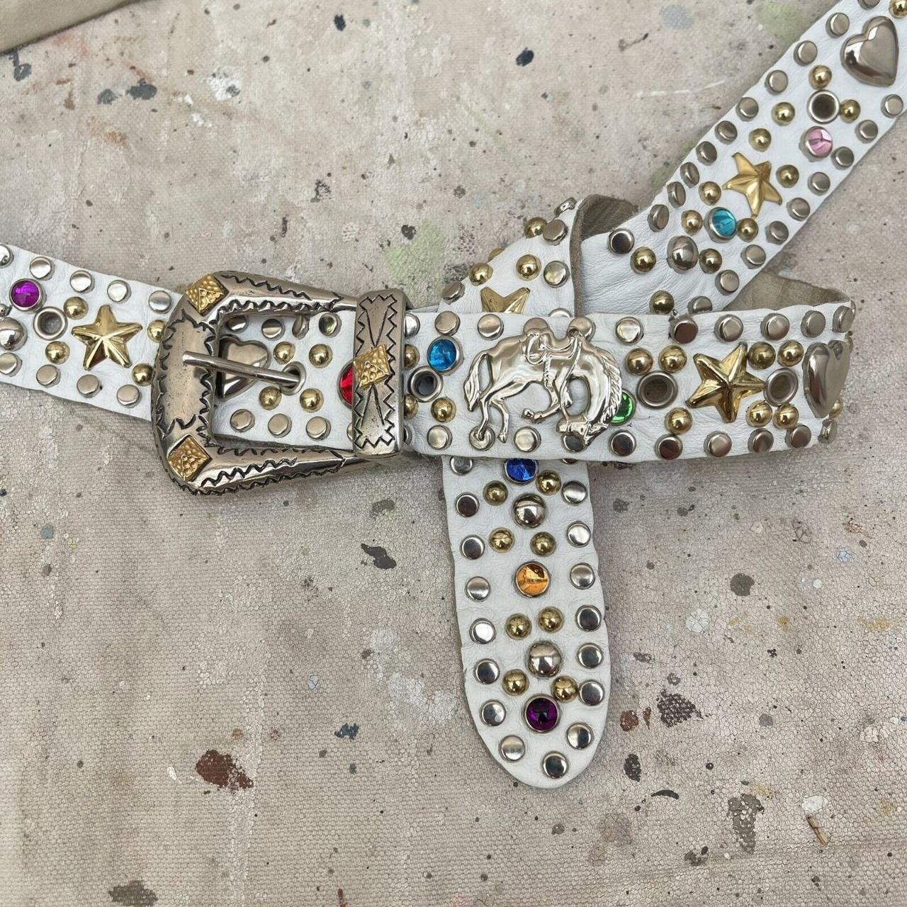 Vintage 80's ULTRA STUDDED White Leather Belt Stars... - Depop