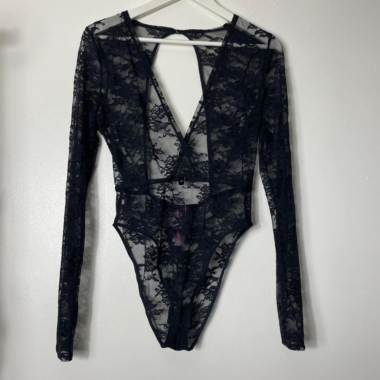 La Senza Black Lace Sheer Floral Body Bodysuit Sexy... - Depop