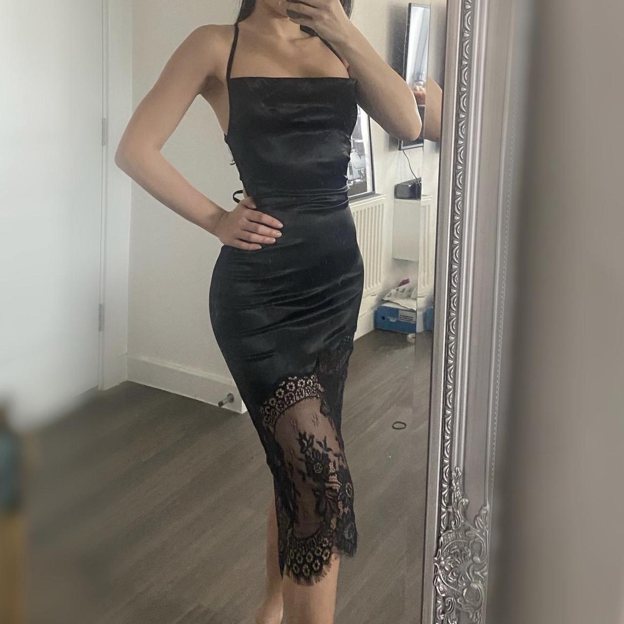 🥀 Black satin backless mini dress with lace insert... - Depop