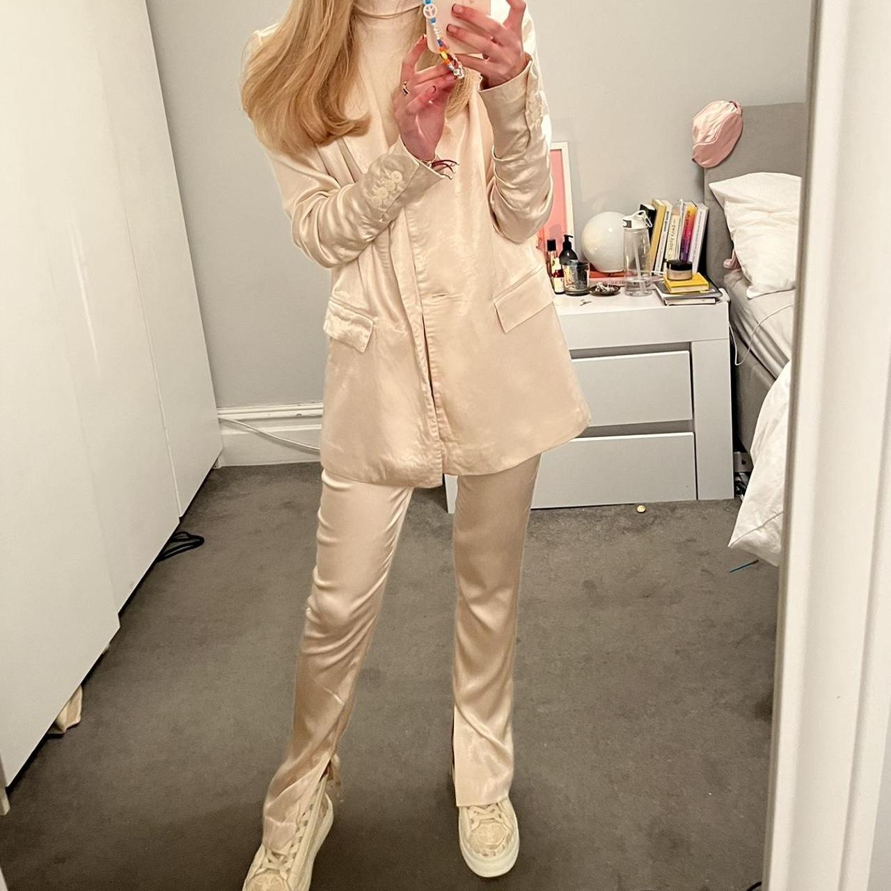 Satin blazer and split trouser set, worn once size XS Depop