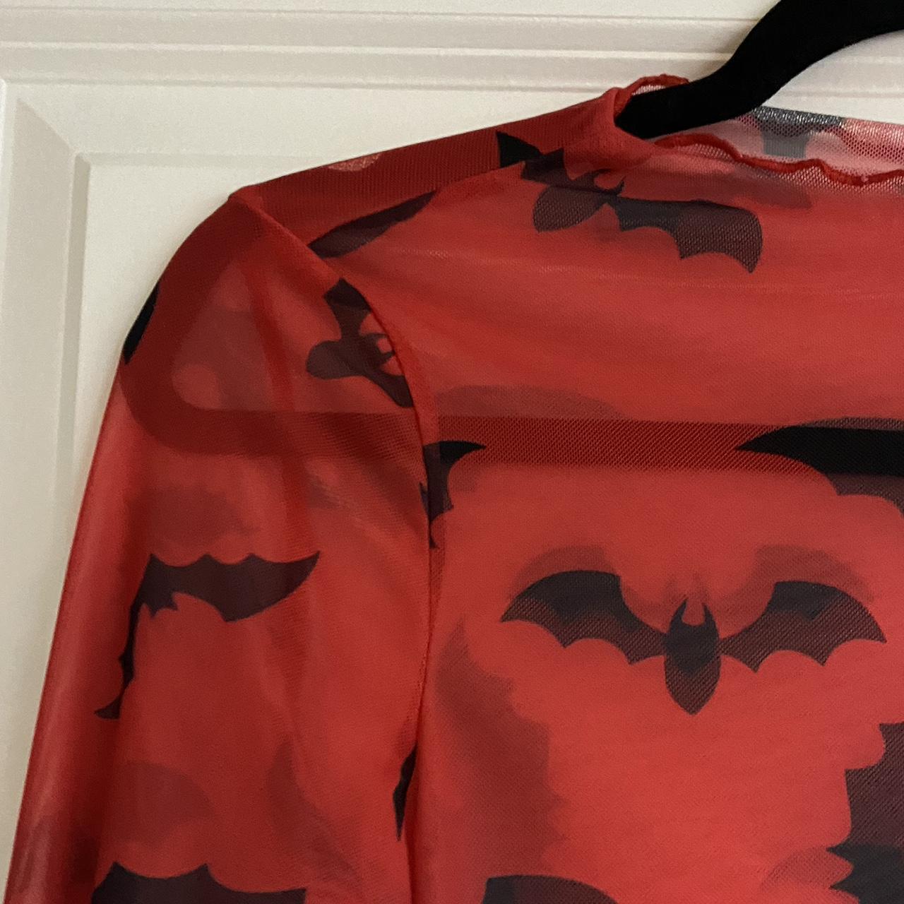 Sheer high neck red bat shirt never before worn!!... - Depop