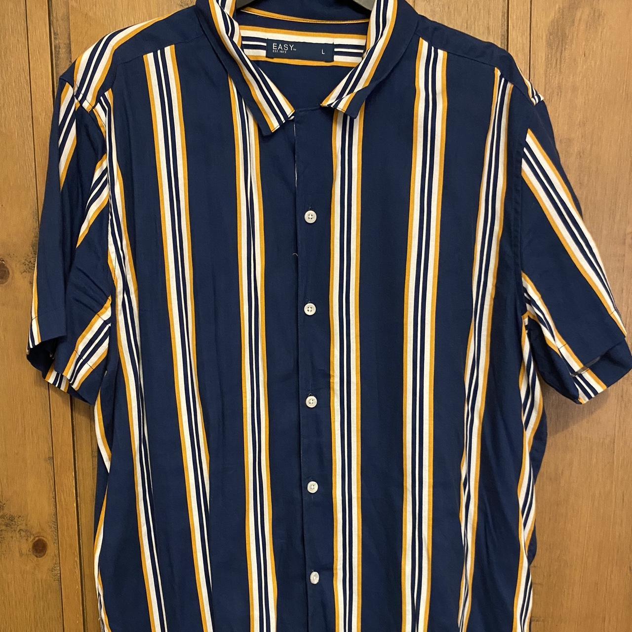 Men’s striped button shirt. Navy with white/yellow... - Depop