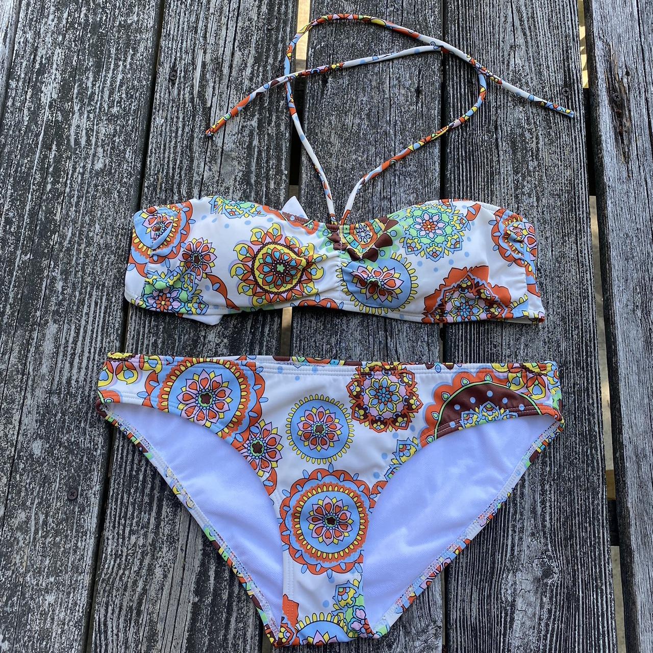 Vintage y2k psychedelic bikini set. Top is a bandeau... - Depop