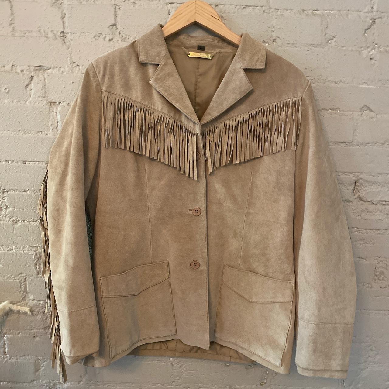 Vintage Brandon Thomas suede leather fringe jacket... - Depop