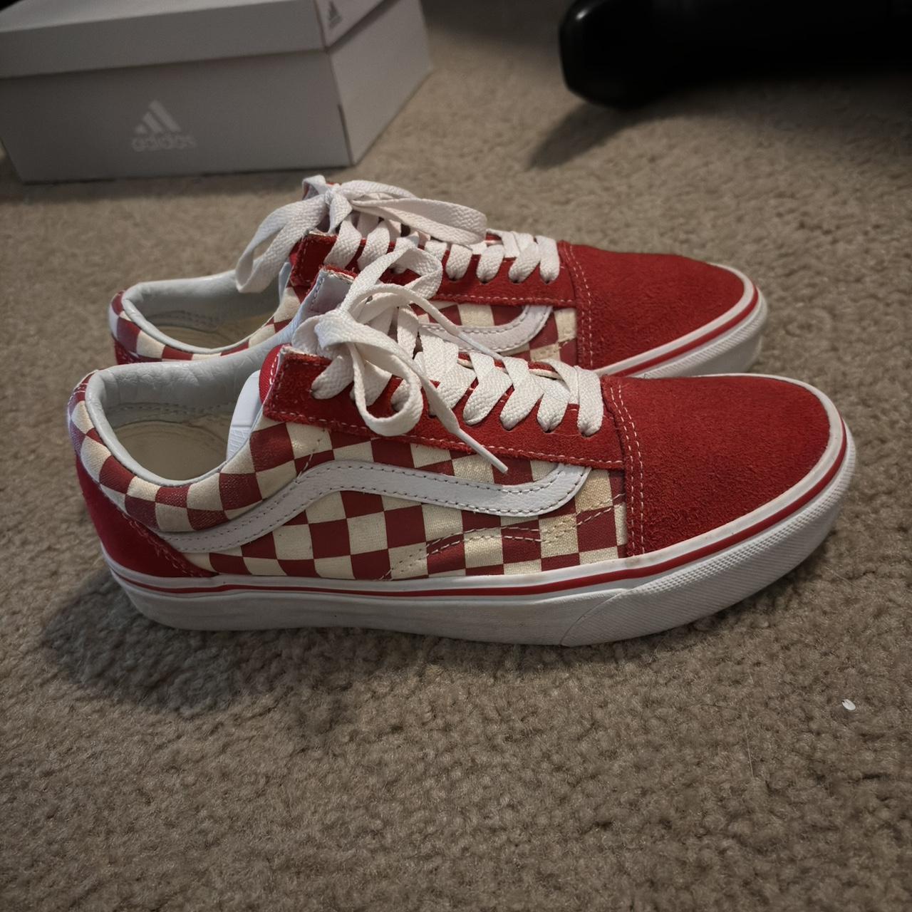 Red and white Vans size 8 in women - Depop