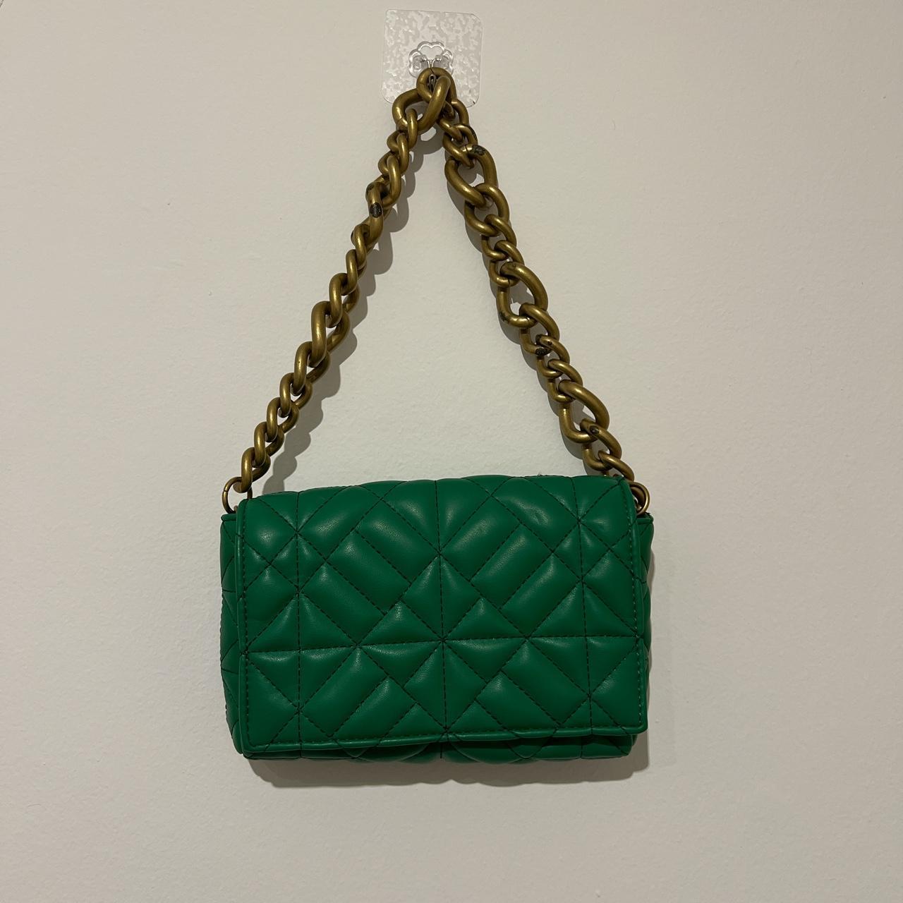 zara green bag worn once and gold paint started to... Depop