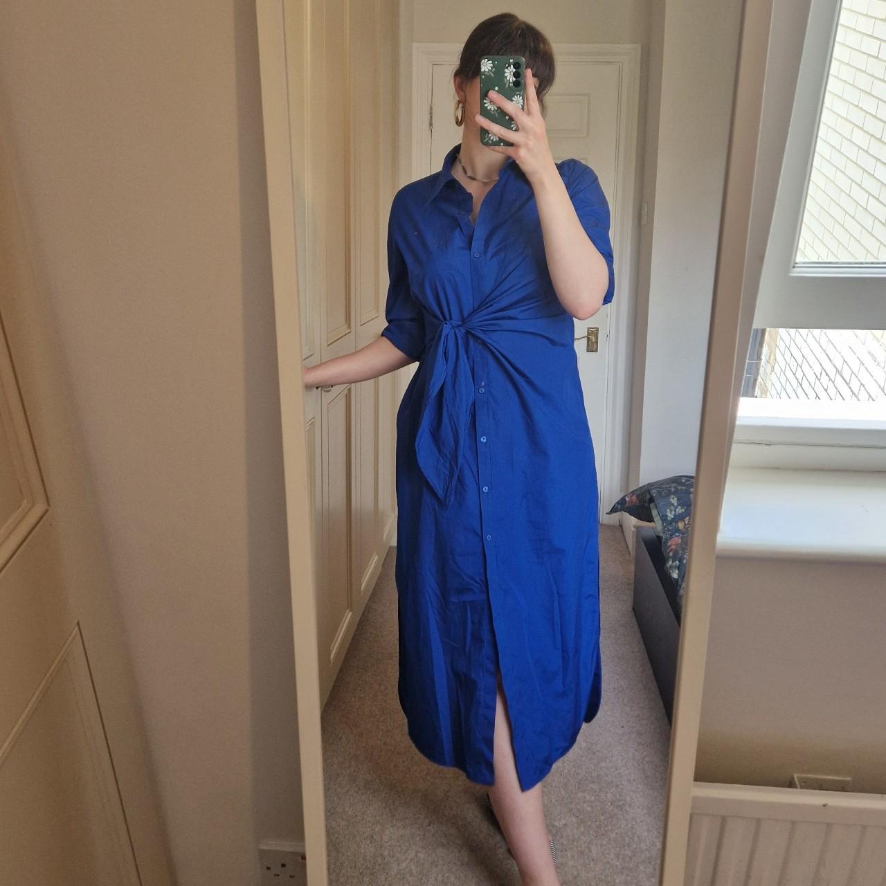 Massimo Dutti royal blue maxi shirt dress with tie. Depop