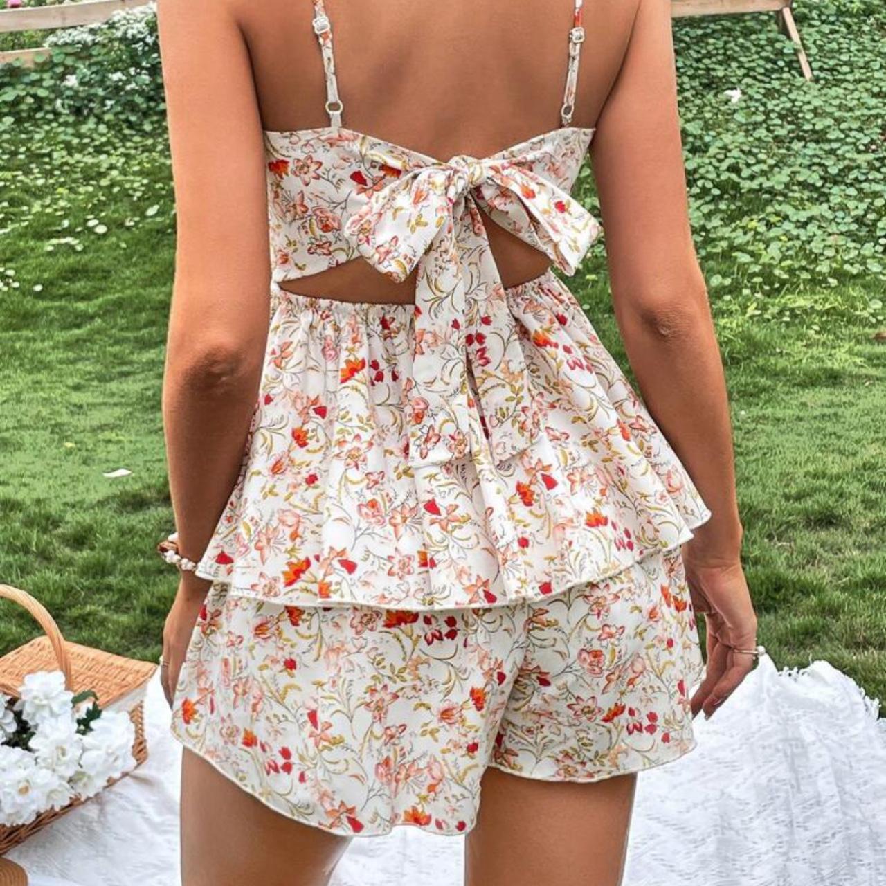 SHEIN cami strap open tie back playsuit Floral... - Depop