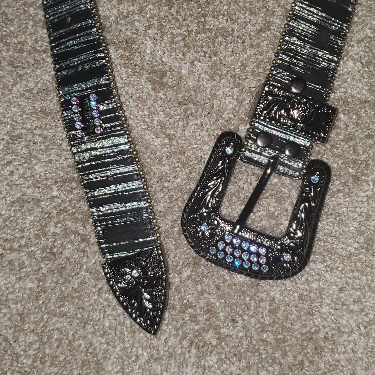 BB Simon Leather Belt Swarovski Crystals and Dark Gray Leather