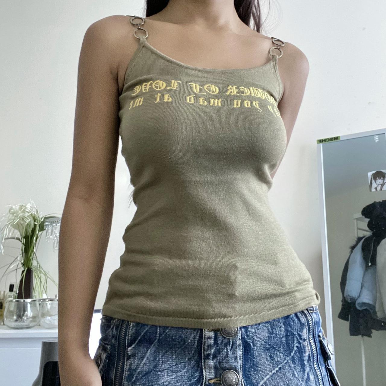 Khaki Gyaru Graphic Tank Top With Metal Straps Depop Khaki Gyaru Graphic Tank Top With Metal Straps Depop