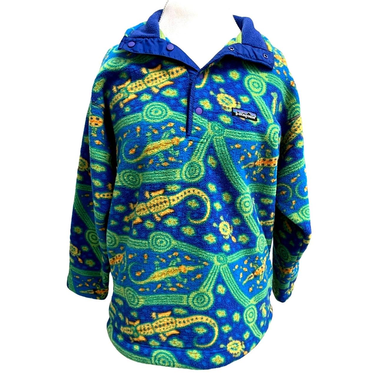 Rare Vintage 1998 PATAGONIA Synchilla Crocodile Alligator Lizard Abstract high quality Blue Green Fleece Kids 10