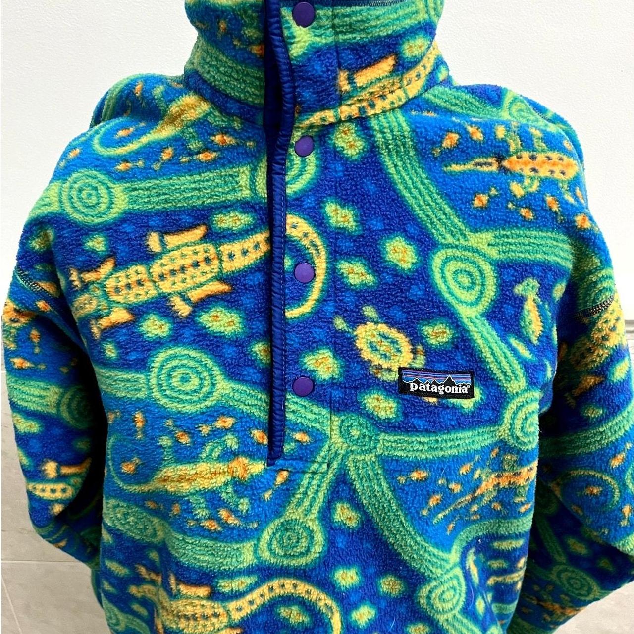 Rare Vintage 1998 PATAGONIA Synchilla Crocodile Alligator Lizard Abstract high quality Blue Green Fleece Kids 10