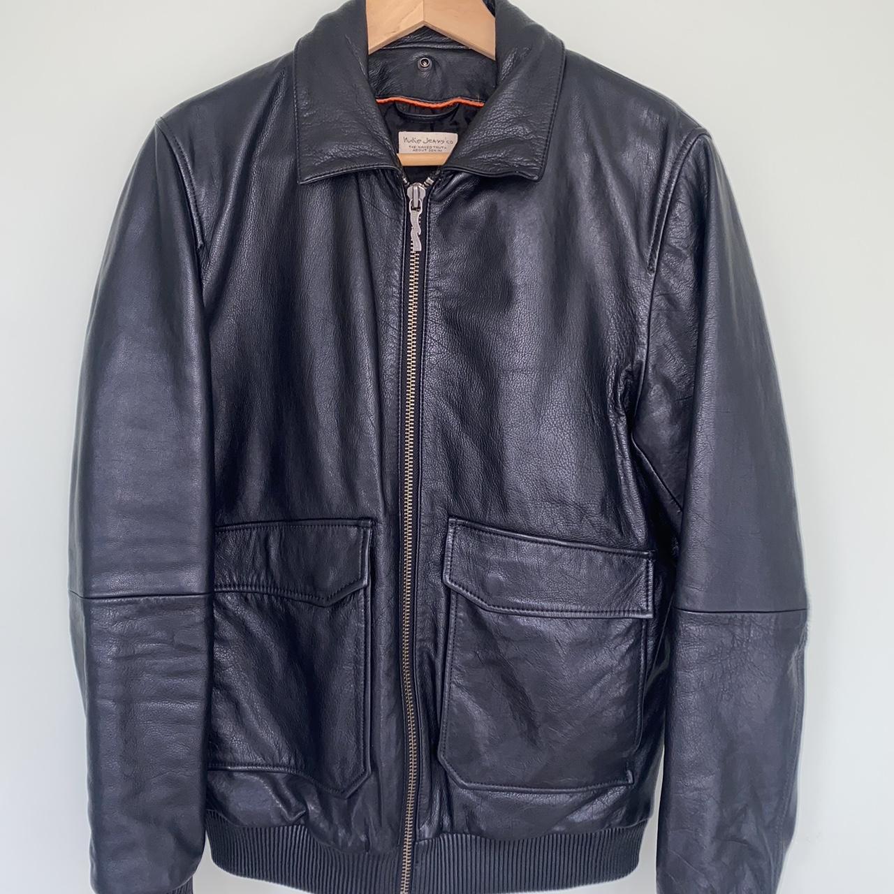 Nudie men’s black leather jacket with fur collar.... - Depop