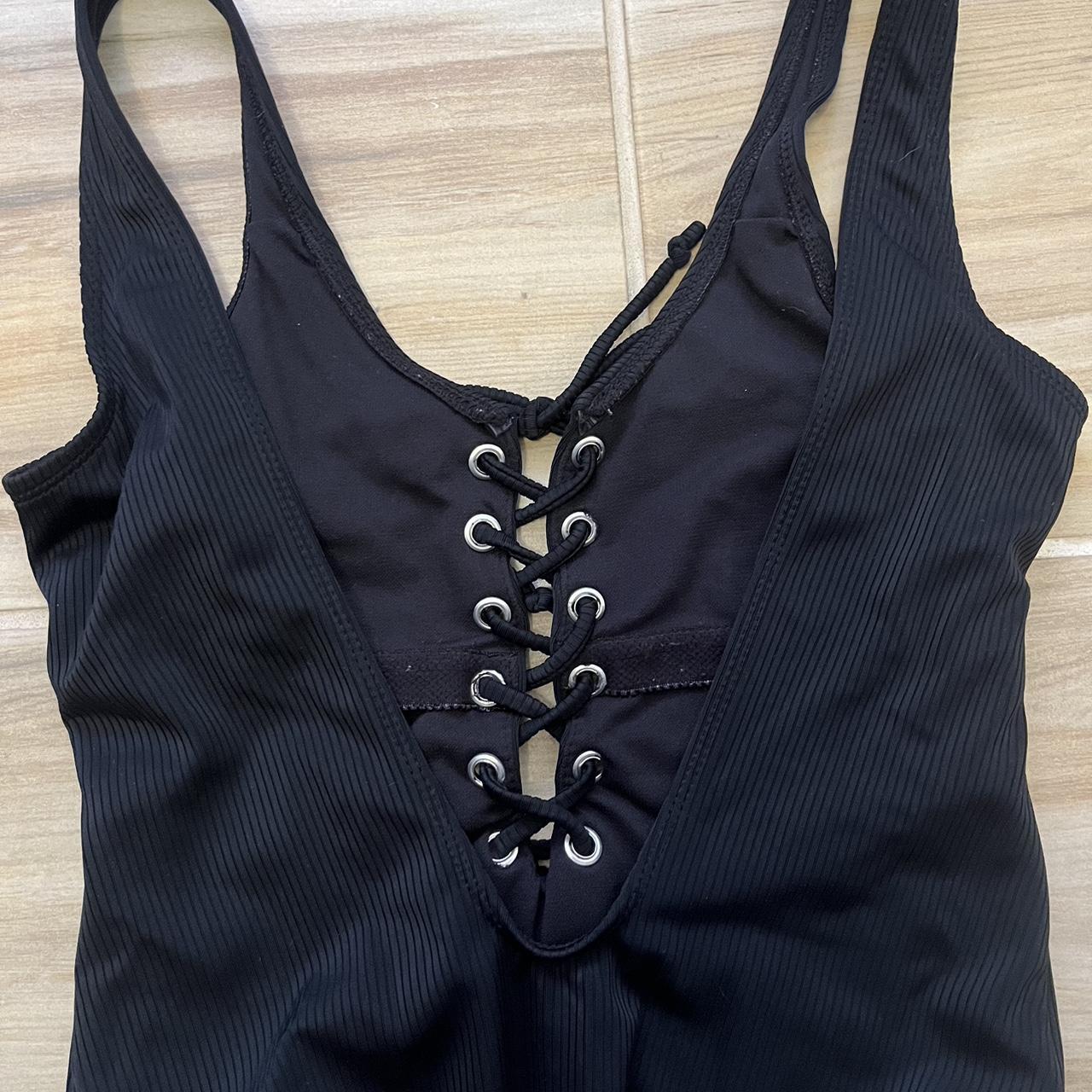 Black Ribbed One Piece Swimsuit With Adjustable Tie Depop