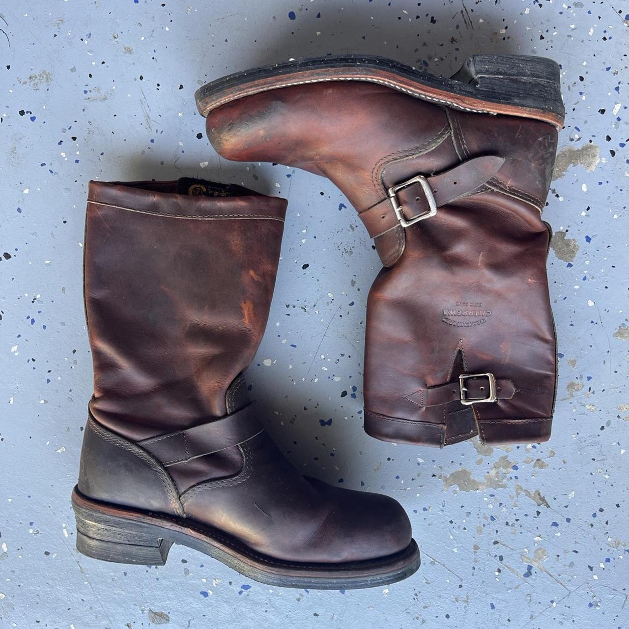 vintage brown leather chippewa biker boots size... - Depop