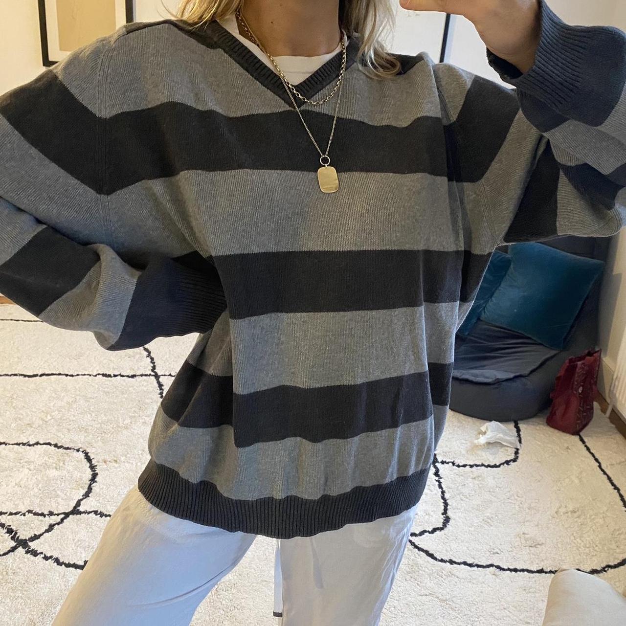 Light and dark grey striped knit baggy v neck jumper... - Depop