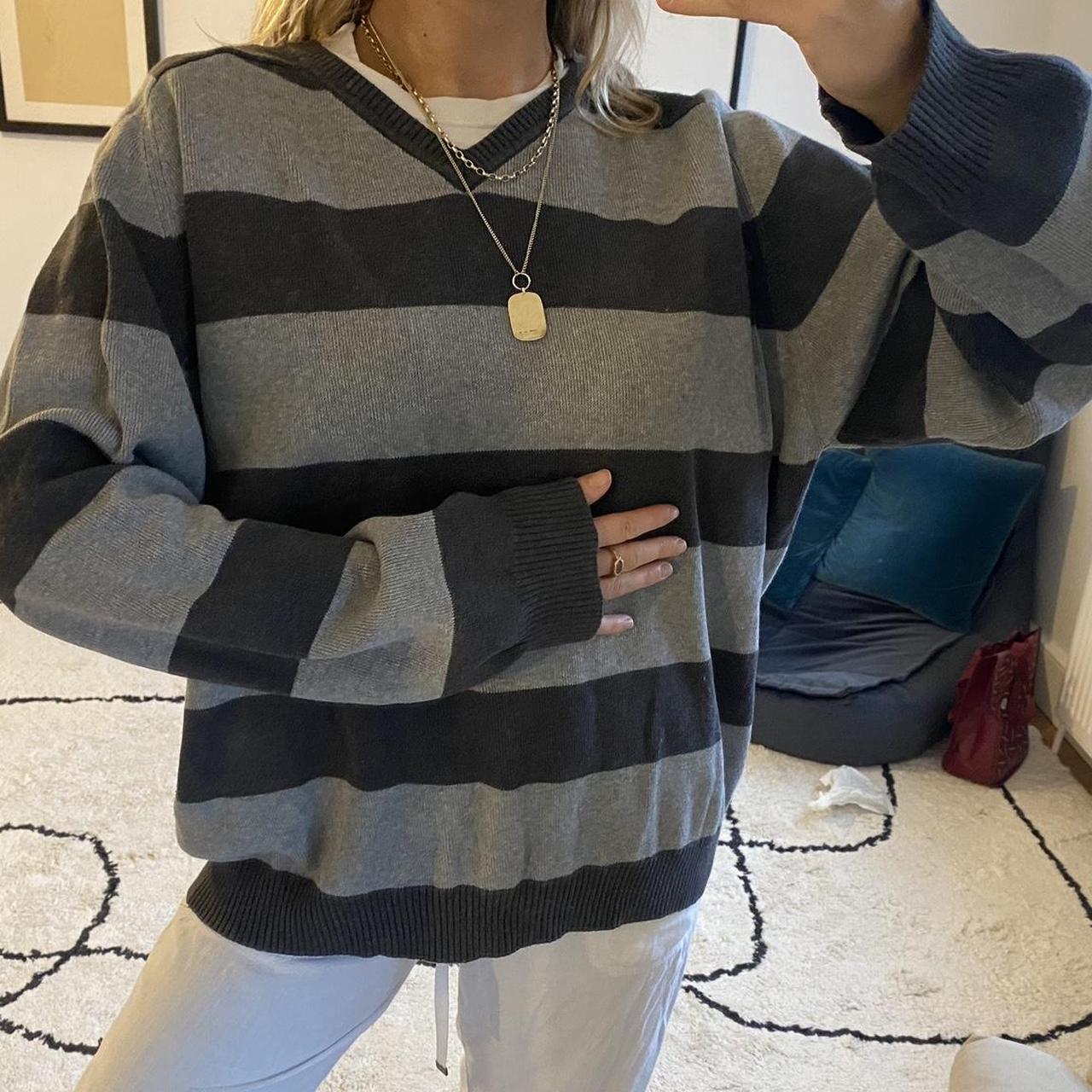 Light and dark grey striped knit baggy v neck jumper... - Depop