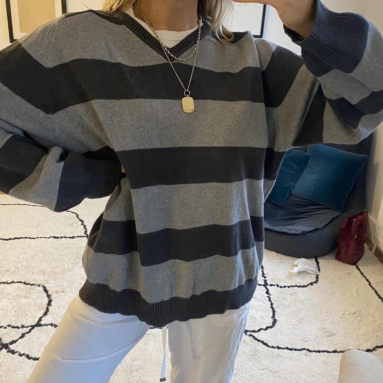 Light and dark grey striped knit baggy v neck jumper... - Depop