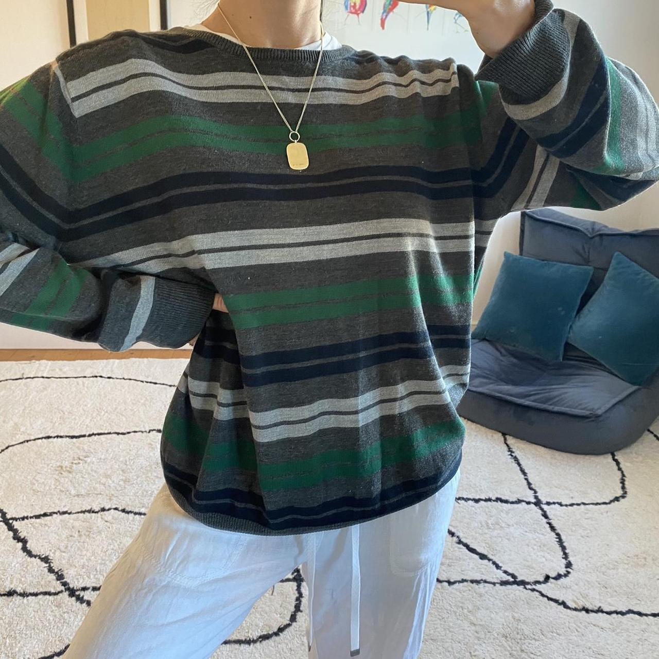 Green and grey striped knit baggy round neck jumper... - Depop