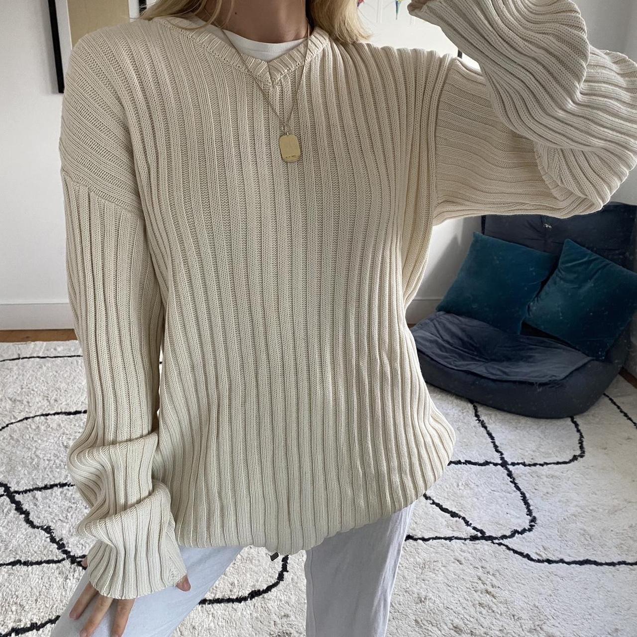 Cream ribbed chunky knit baggy v neck jumper size... - Depop