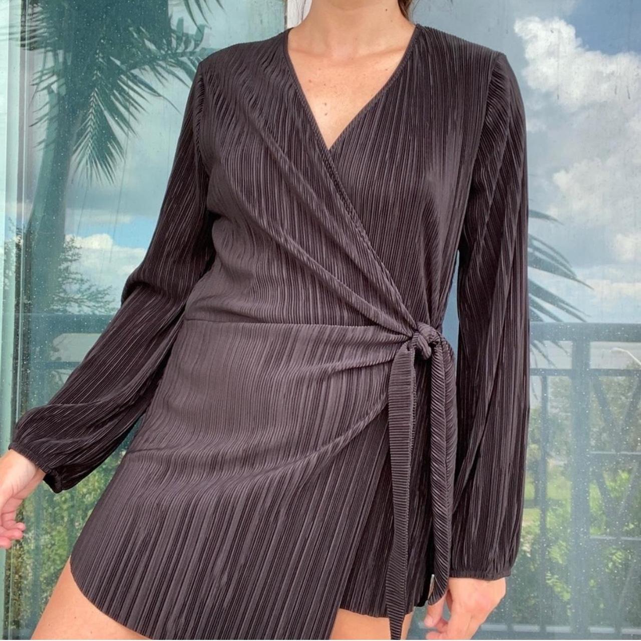 Zara Black Ribbed Wrap Dress L 100% polyester.... - Depop