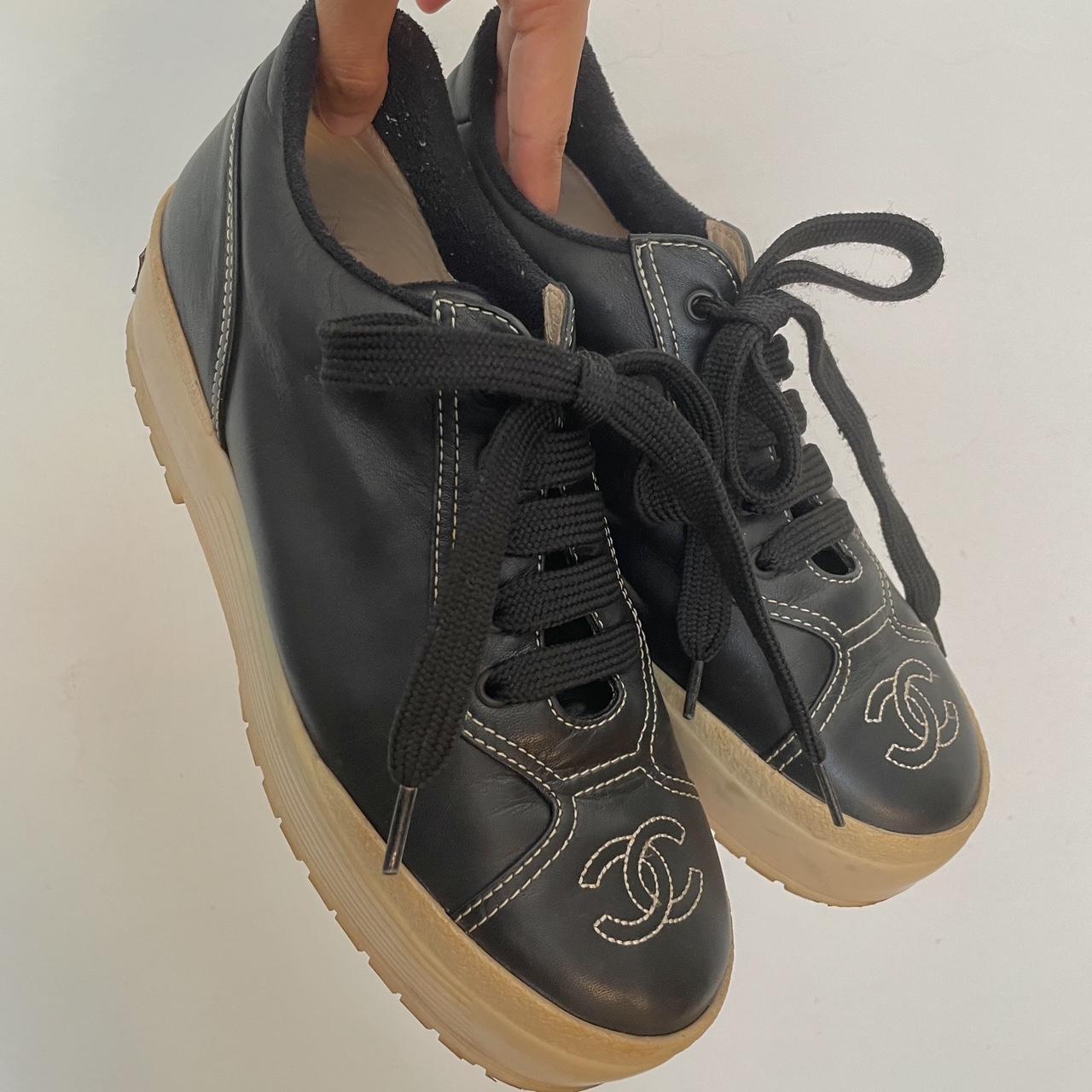 Vintage Chanel Sneaker. Black leather sneakers with. Depop