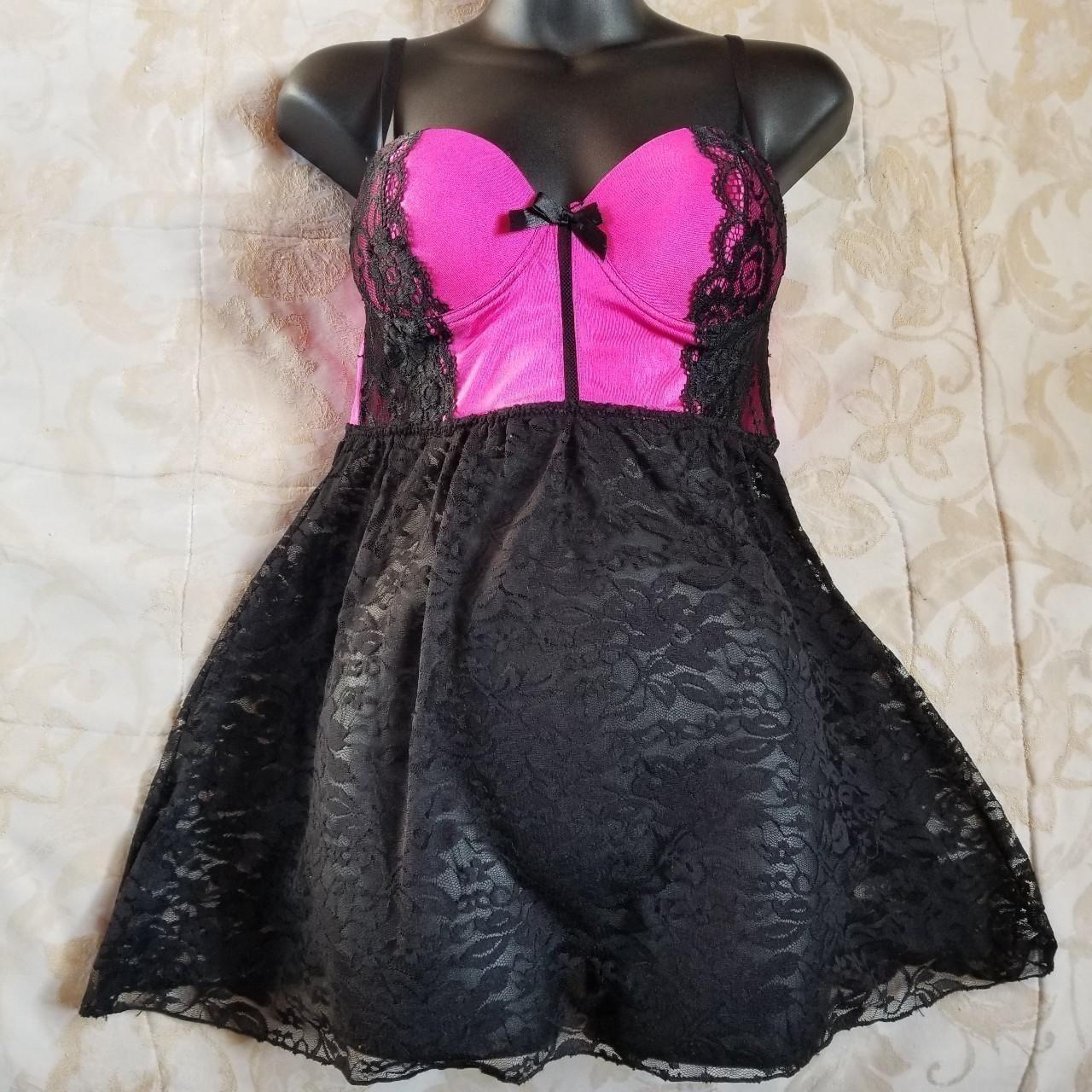 Vintage Y2k Babydoll Black Lace & Hot Pink Sexy... - Depop