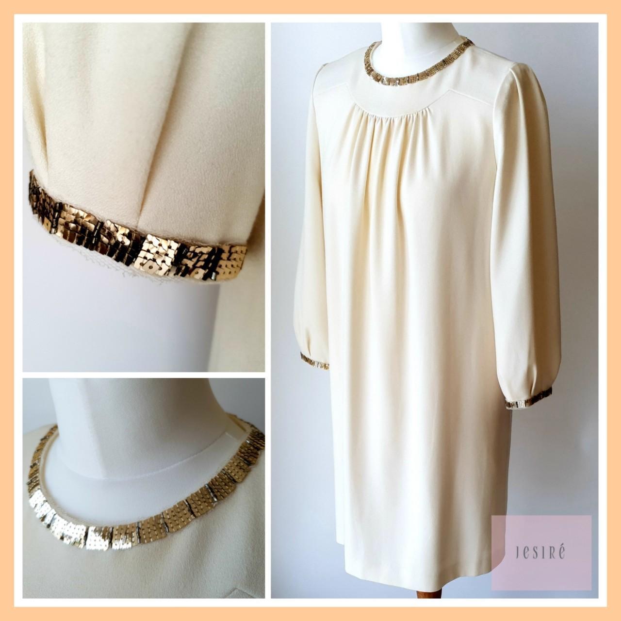 JESIRE Cream Shift Dress with Gold Sequin Neck Depop