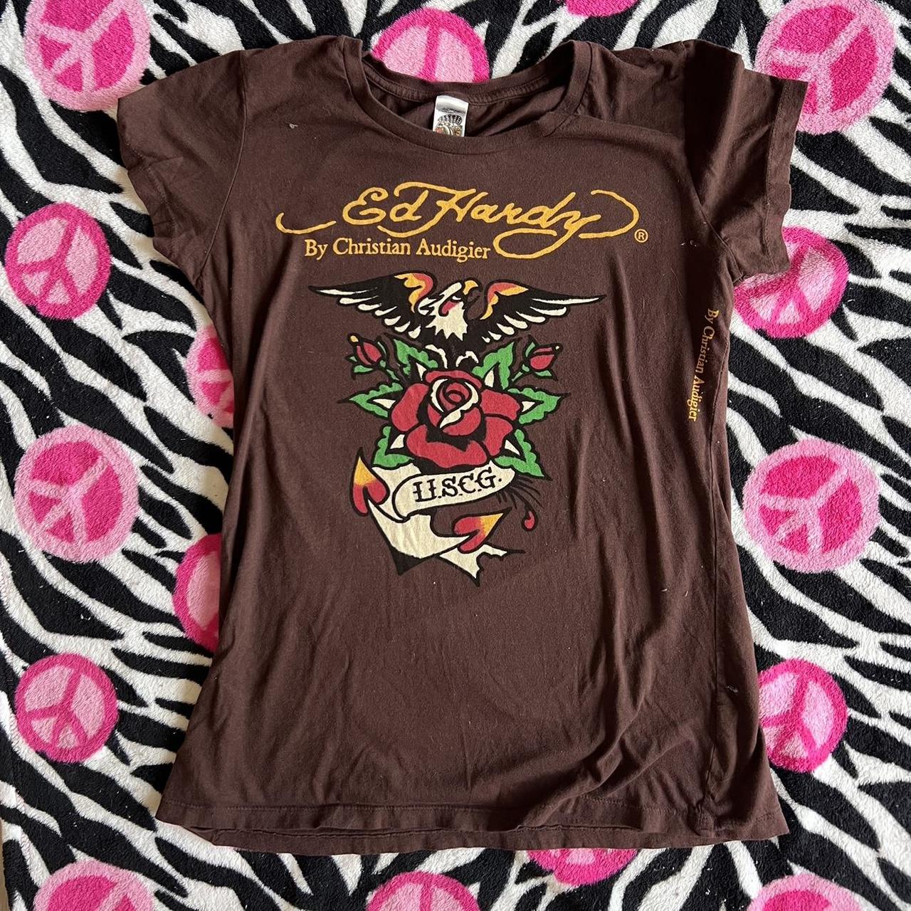 ed hardy brown women’s tshirt w eagle and rose... - Depop