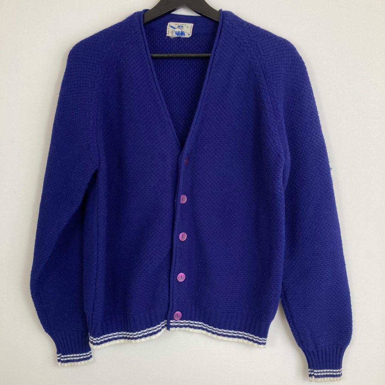 Vintage 1960s Knit Cardigan | Navy with white detail | - Depop