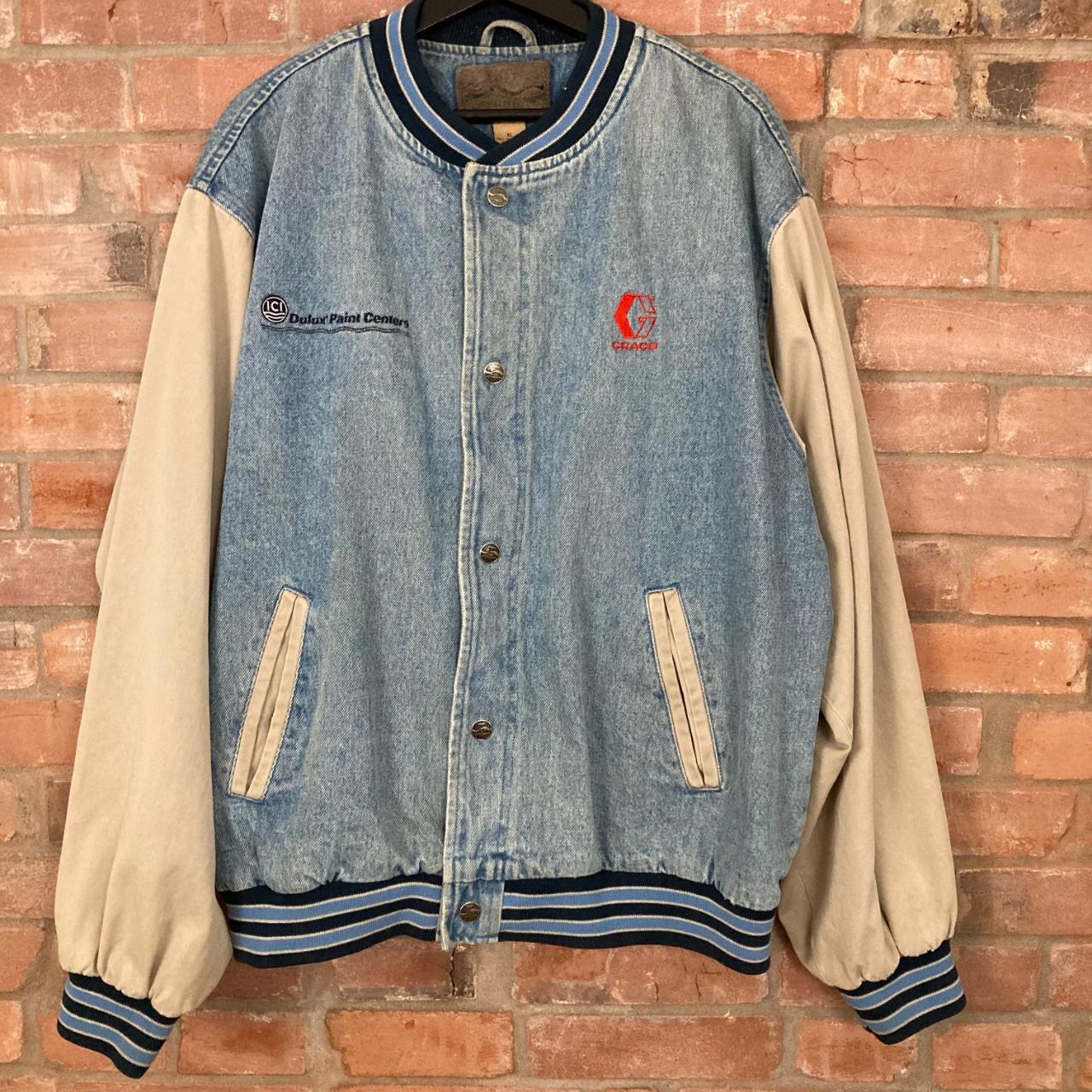 Vintage Denim Varsity Jacket Description: 90s... - Depop