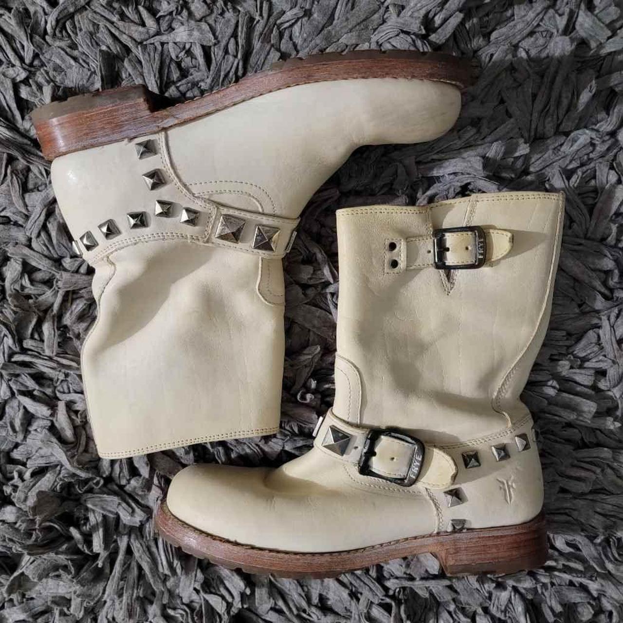 Super cute off white leather boots by Frye. Has a... Depop