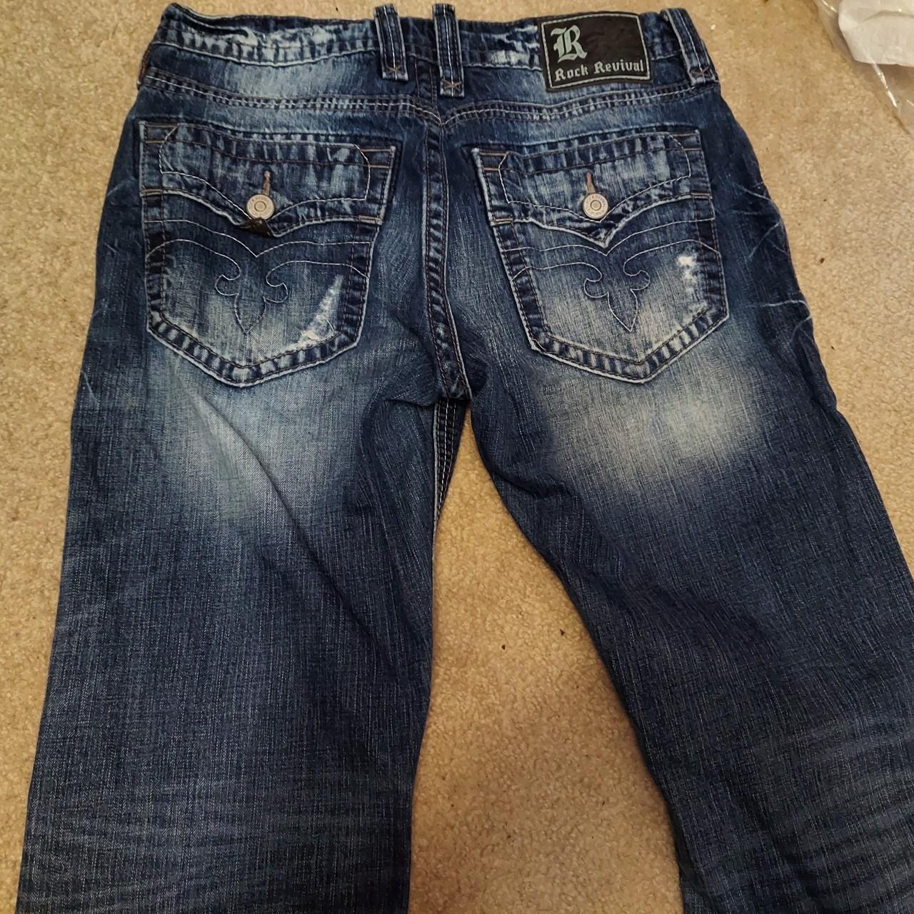 baggy rock revival jeans. distressed blue color size... - Depop