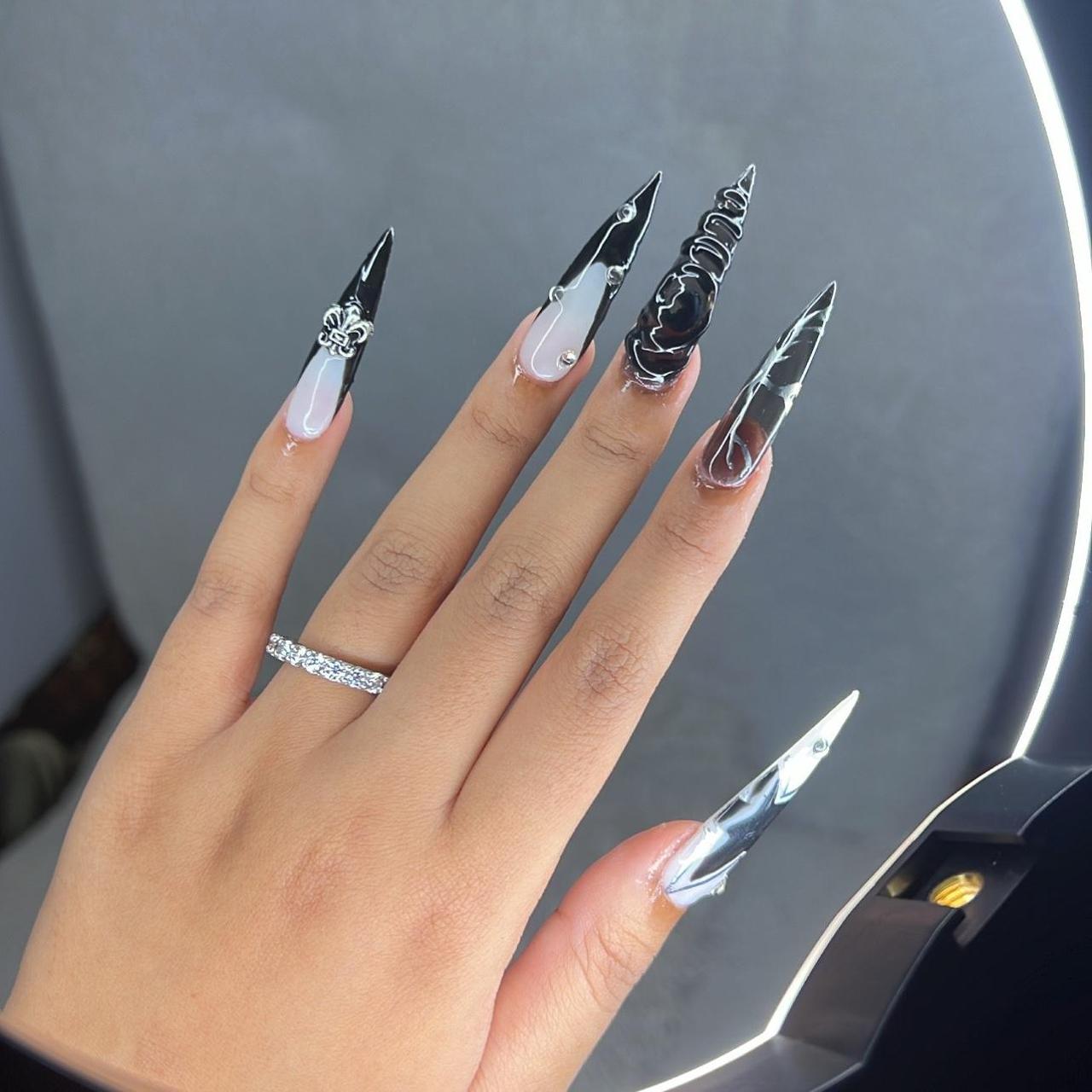 Black and silver stiletto nails with rhinestones and - Depop