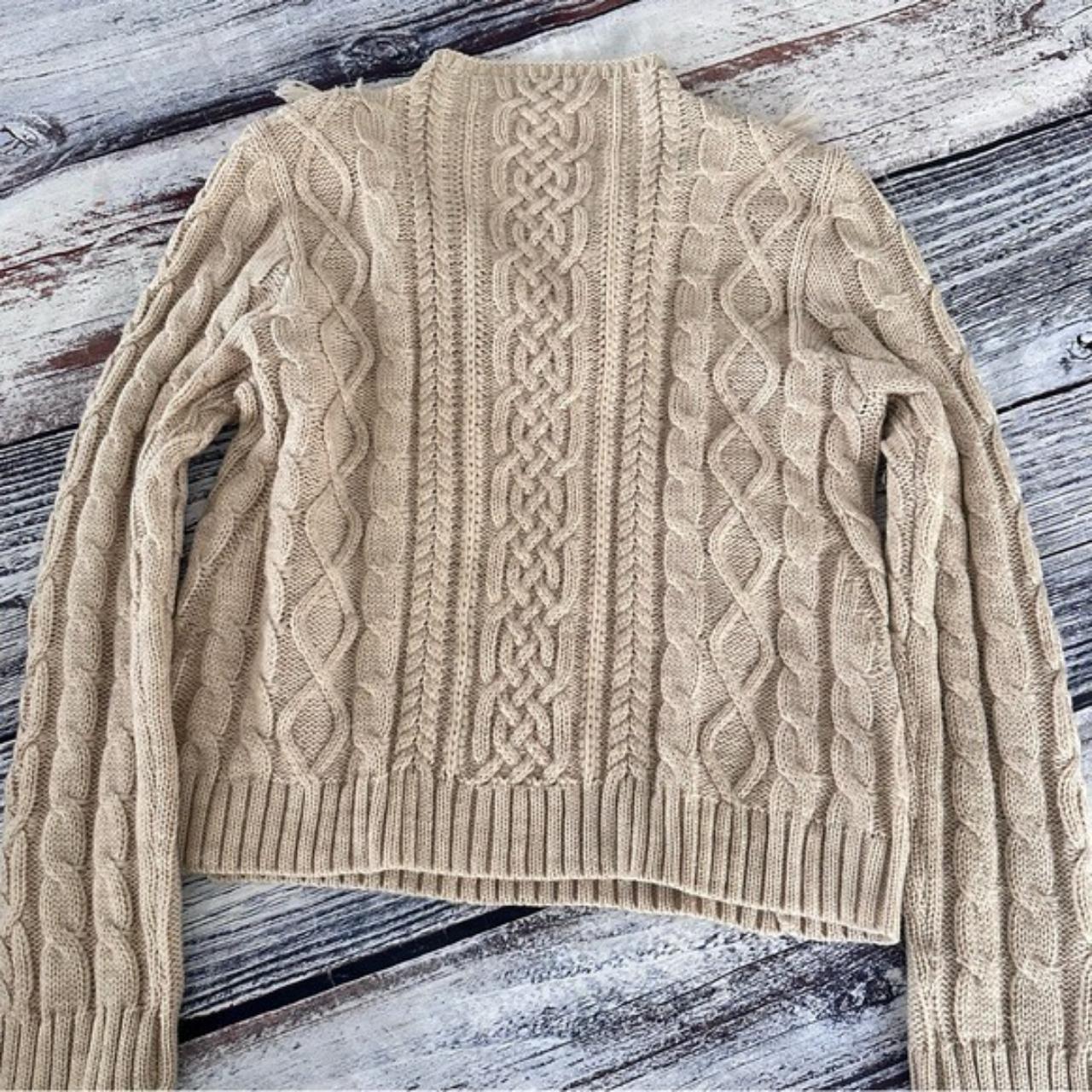 Amaryllis Beige Cable Knit Fringe Sweater Boutique... - Depop