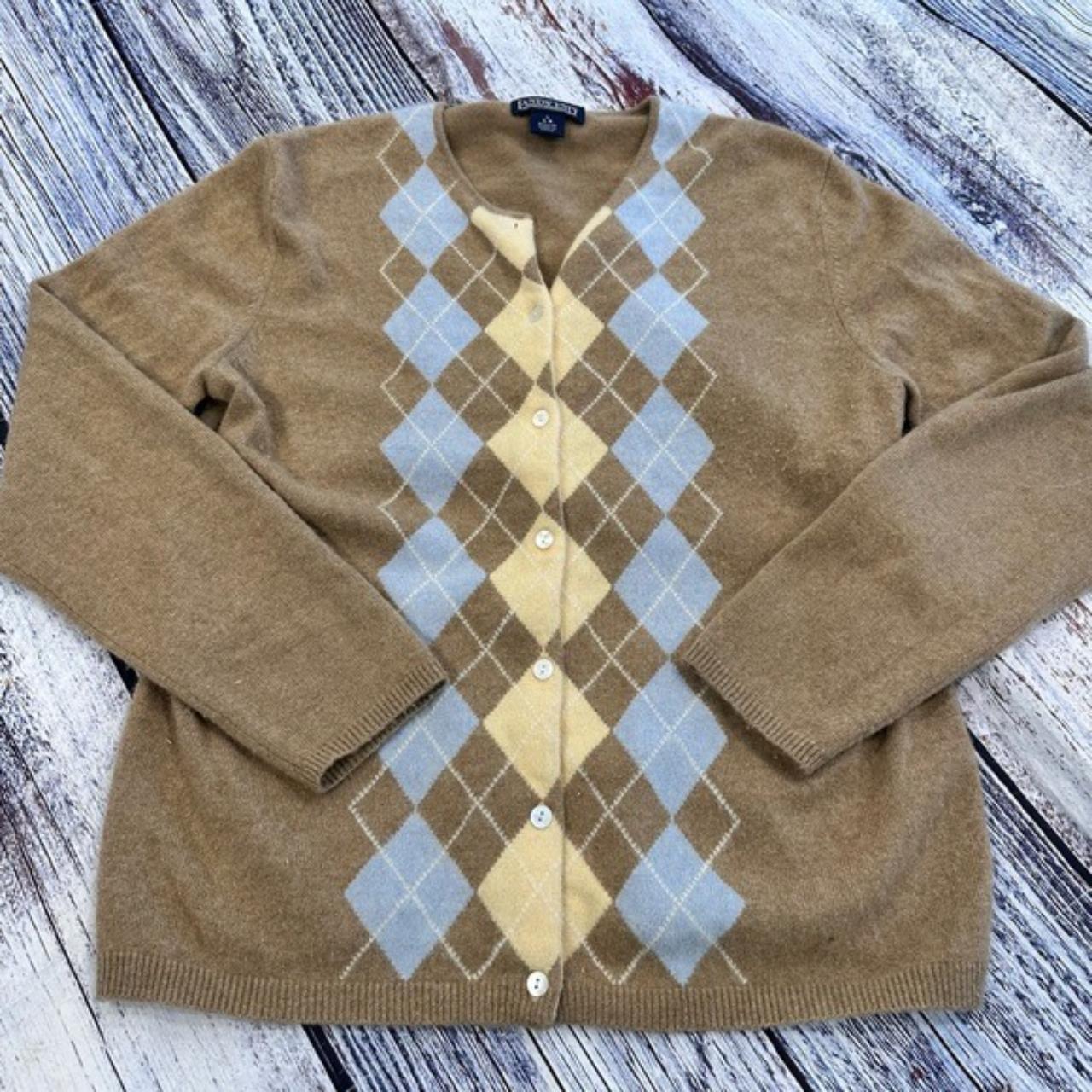 Lands End 100 Cashmere Argyle Cardigan Sweater... Depop