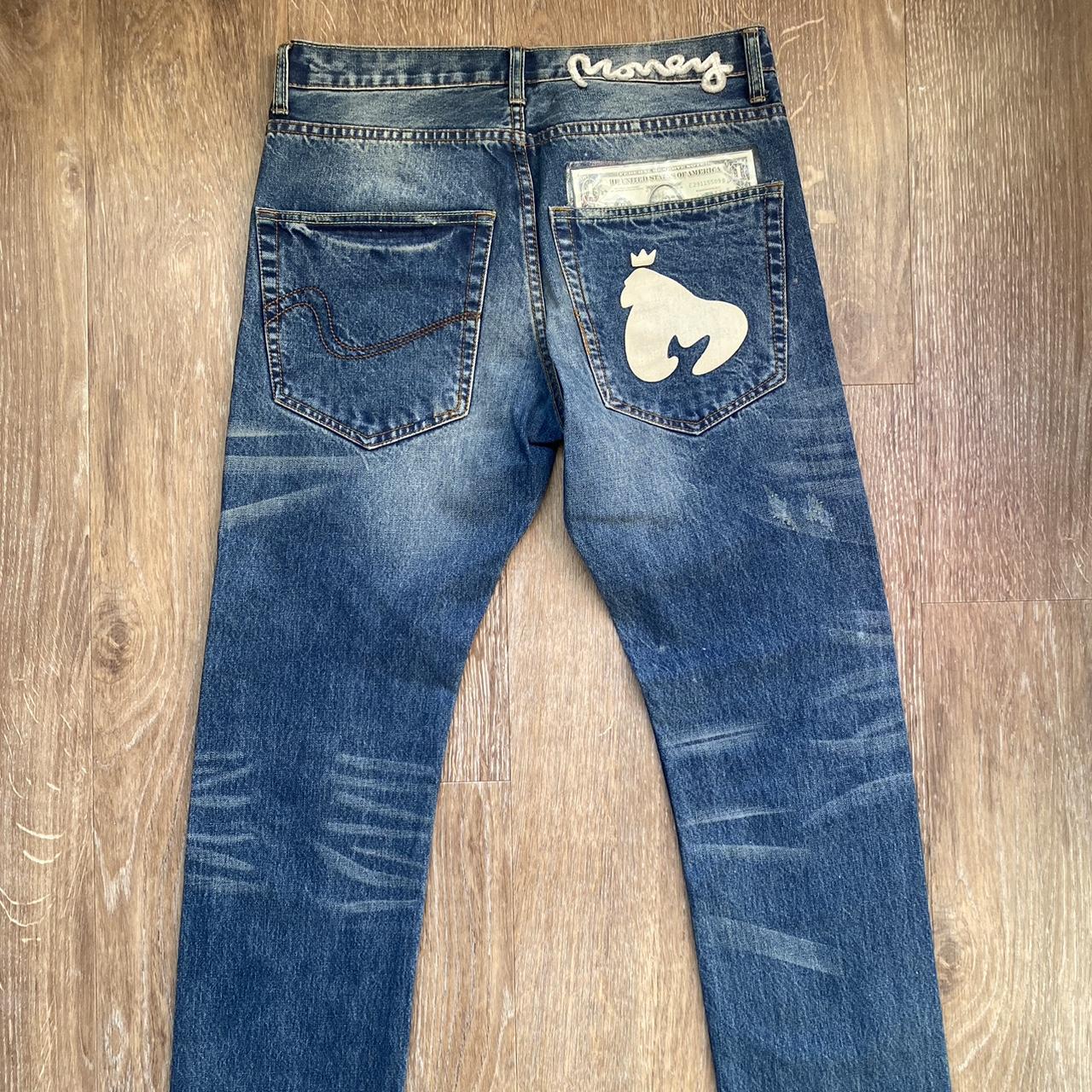 Money Talks navy blue jeans with back Apa print and... - Depop