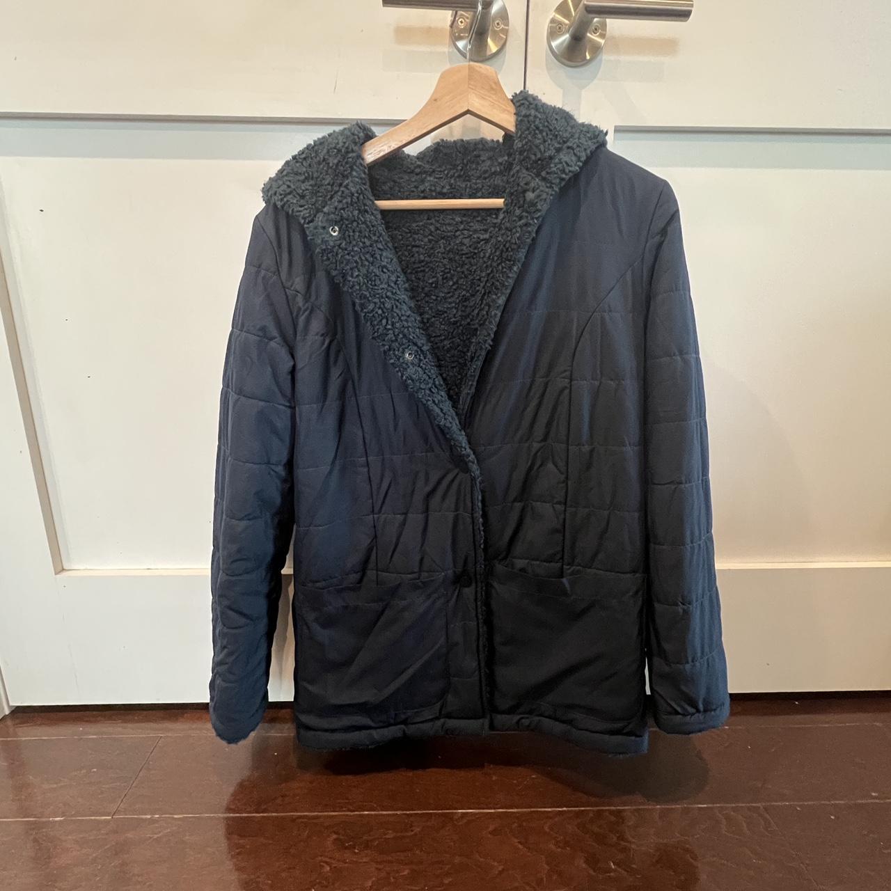 Halogen Dark Blue Reversible Hooded Faux Fur. Depop