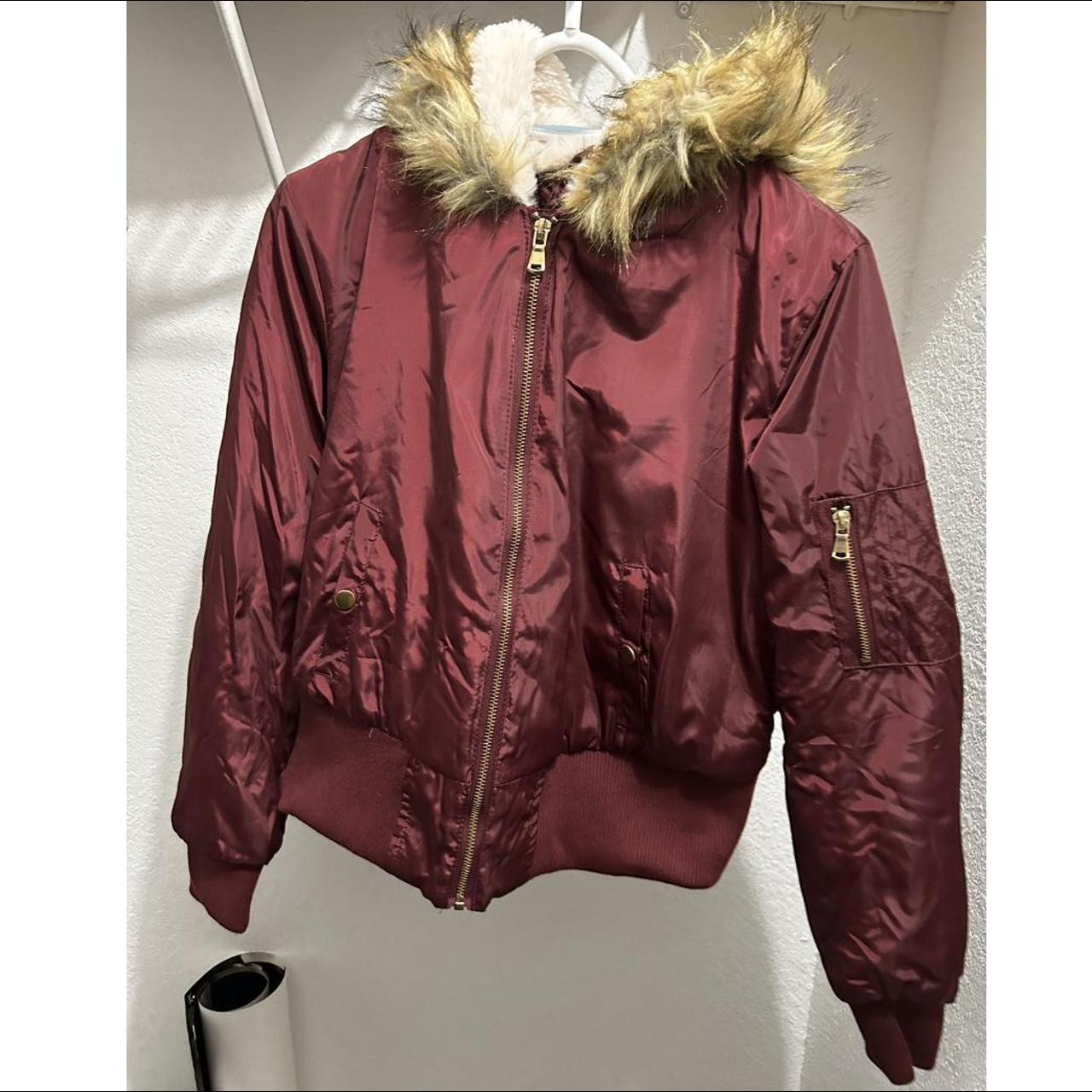 Maroon jacket with fur hood on sale