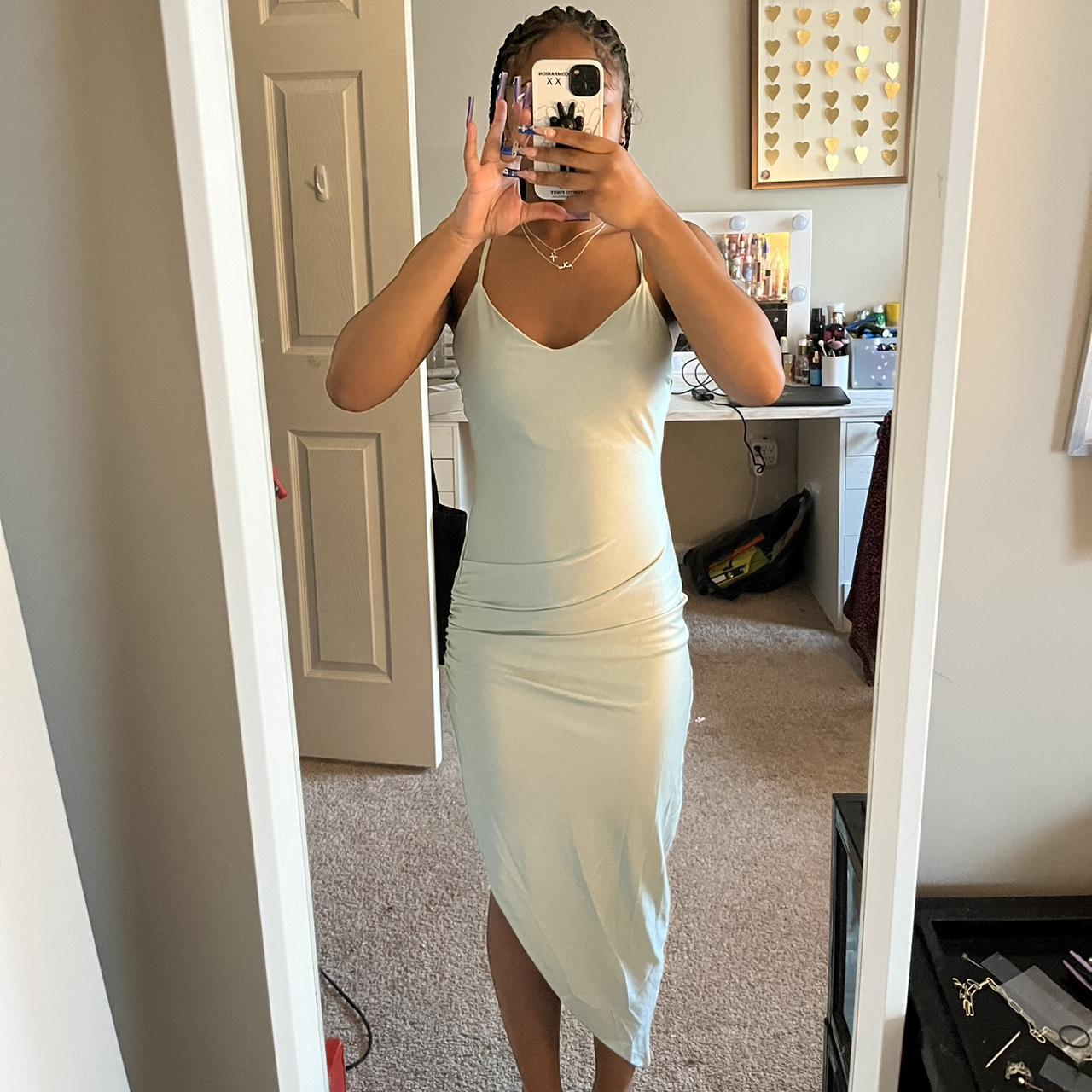 mint green satin midi dress with slit xs worn. Depop