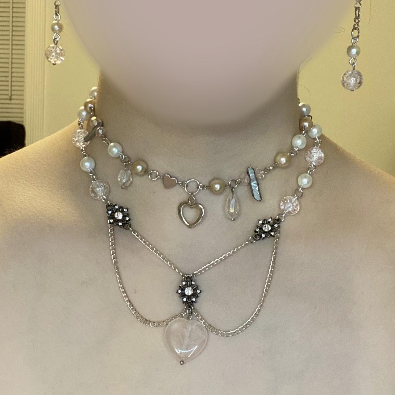 Repost With Try On: Pink And Silver Heart Necklace ♡ - Depop